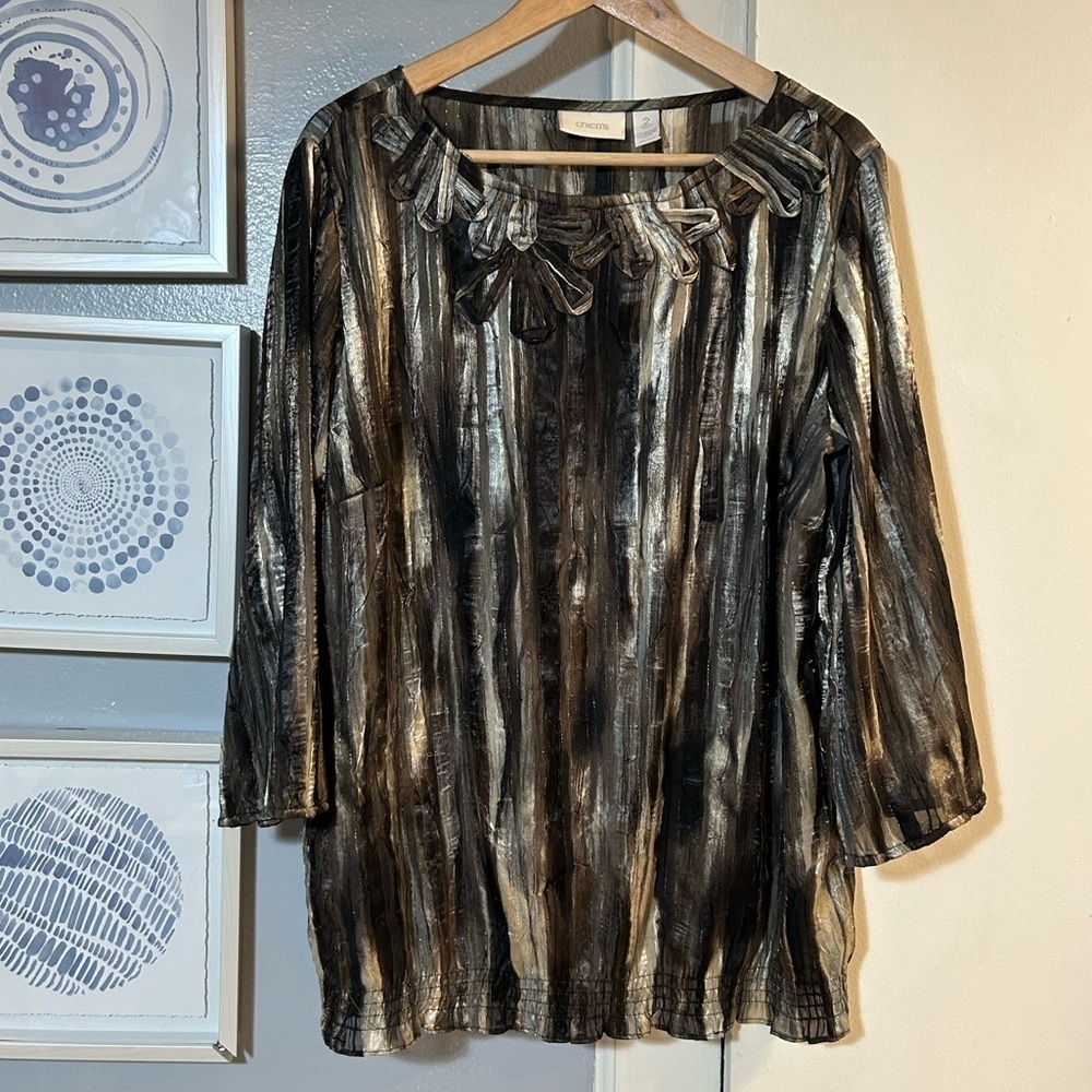 Chico's Black and Bronze Striped Smocked Blouse Chico’s Size 2 = US Size L